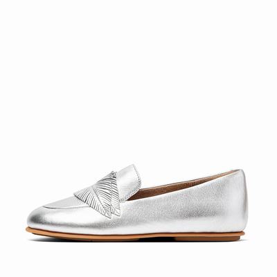 Fitflop Women's LENA Feather Metallic Leather Flat Shoes - Silver, XB5803729